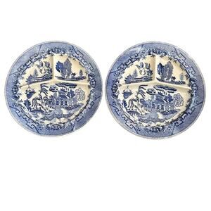 Vintage Set of 2 Blue Willow Japan Grill Divided Plates
